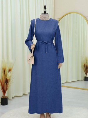 İndigo Omuzu Vatkalı Bağcıklı Bürümcük Elbise