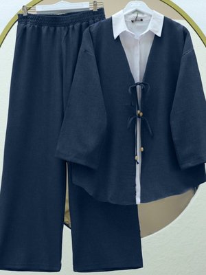 İndigo Önü Çift Bağlamalı Pantolonlu Kimono İkili Takım