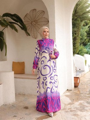 Mor Ankanoor Etnik Desenli Viskon Elbise Mor Ankanoor Etnik Desenli Viskon Elbise