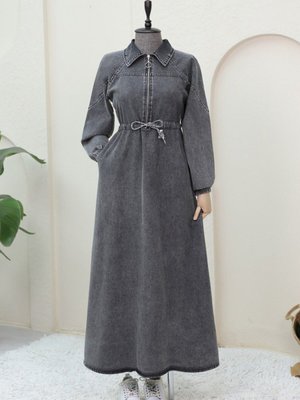 Füme Yarım Fermuarlı Tünel Bağcıklı Kot Elbise Füme Yarım Fermuarlı Tünel Bağcıklı Kot Elbise