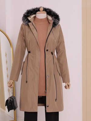 Açık Vizon Çıkma Kapüşonlu Tünel Bağcıklı Kısa Kaban