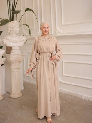 Vizon Ankanoor Koyu Bej Hakim Yaka Kuşaklı Ferace