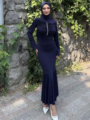 Lacivert Erva Taşlı Abiye Elbise Lacivert Erva Taşlı Abiye Elbise