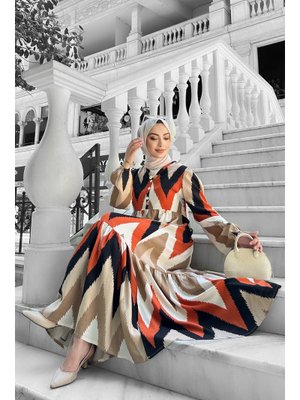 Bej Melin Desenli Viskon Elbise