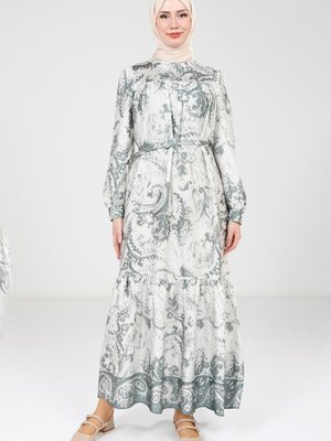 Yeşil Baskılı Kemerli Elbise