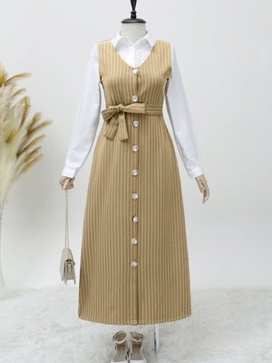 Vizon Boydan Düğmeli Kuşaklı Çizgili Jile