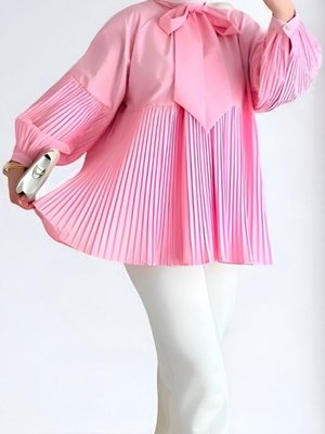 Pembe Yakası Bağcıklı Kolları Ve Eteği Pliseli Tunik