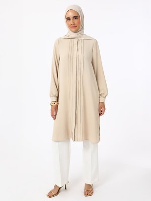 Taş Rengi Düğme Detaylı Nervürlü Aerobin Tunik