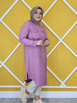 Gül Kurusu Cepleri Mini Püskül Detaylı Keten Gömlek Gül Kurusu Cepleri Mini Püskül Detaylı Keten Gömlek