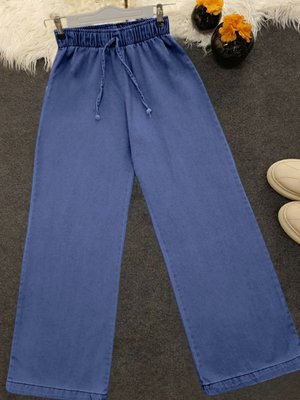 Koyu Mavi Bol Paça Beli Lastikli Bağcık Detaylı Kot Pantolon