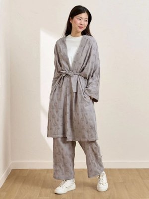 Gri Fistolu Müslin Uzun Kimono & Pantolon Takım Gri Fistolu Müslin Uzun Kimono & Pantolon Takım