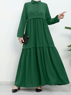 Yeşil Parçalı Yarım Düğmeli Kolu Lastikli Elbise