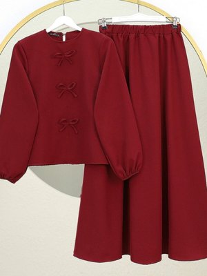 Bordo Fiyonk Detaylı Kolu Lastikli Etekli İkili Takım