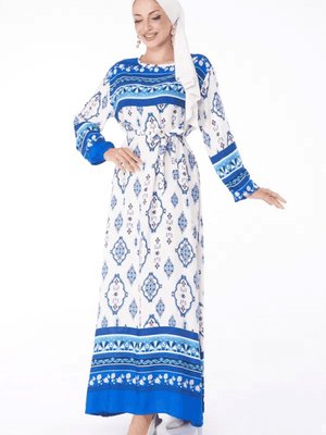 Mavi Düz Bisiklet Yaka Etnik Desenli Elbise