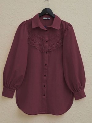 Bordo Güpür Püsküllü Ham Keten Balon Kol Gömlek Bordo Güpür Püsküllü Ham Keten Balon Kol Gömlek