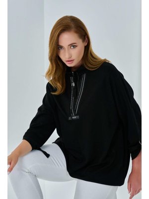 Siyah Büyük Beden Yaka Fermuar Detaylı Bluz