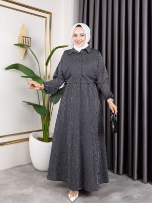 Siyah Çizgili Viskon Gömlek Elbise Takım Siyah Çizgili Viskon Gömlek Elbise Takım