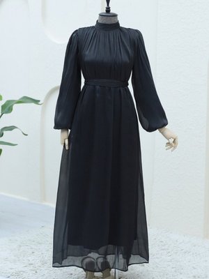 Siyah Omuzdan Büzgülü Işıltı Kumaş Balon Kol Abiye Elbise