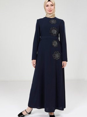 Lacivert Çiçek Taş Desenli Elbise