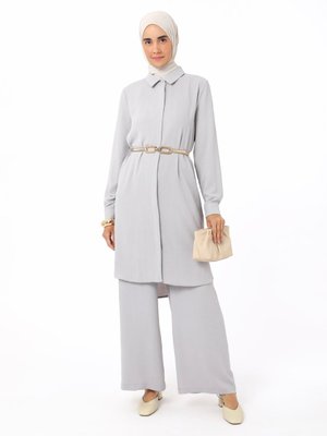 Gri Bağlama Detaylı Pantolon Tunik İkili Takım