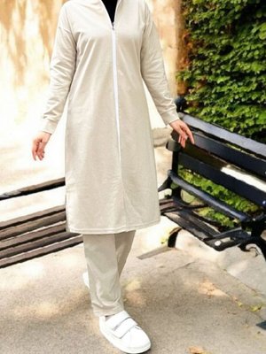 Bej Yakası Biyeli Boydan Fermuarlı İki İp Penye İkili Takım