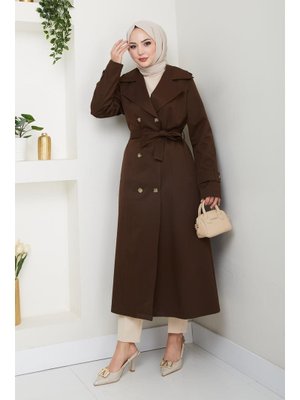 Düğmeli Kuşaklı Kahverengi Trençkot