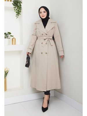 Düğmeli Kuşaklı Bej Trençkot
