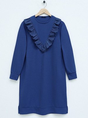 Lacivert Yanı Yırtmaçlı Robadan Fırfırlı Tunik