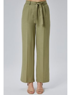 Keten Yazlık Beli Lastikli Ve Kuşaklı Pantolon Olive