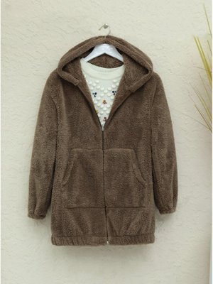 Kahve Kanguru Cepli Kapüşonlu Peluş Mont