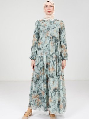 Yeşil Baskılı Düğmeli Elbise