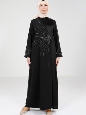 Siyah Taş Süslemeli Abiye Elbise