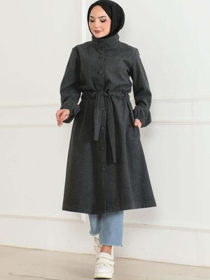 Gri Düğme Detaylı Kaşe Kaban