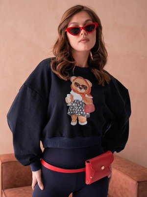 Lacivert Teddy Bear Crop Ayıcıklı Sweat Şardonsuz İnce Tasarım İplik Sweatshirt Lacivert Teddy Bear Crop Ayıcıklı Sweat Şardonsuz İnce Tasarım İplik Sweatshirt