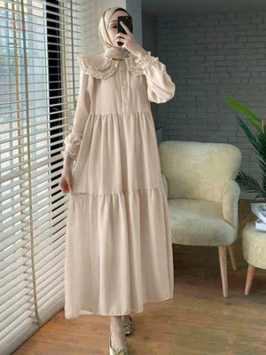 Bej Bebe Yaka Fırfırlı Parçalı İthal Keten Elbise