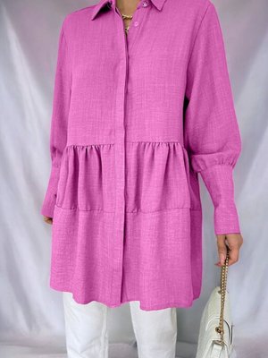 Fuşya Kol Manşeti Taşlı Düğmeli Parçalı Keten Tunik