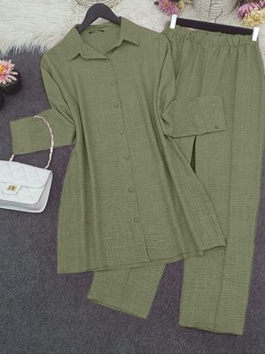 Haki Top Düğme Gömlek Pantolonlu İkili Takım