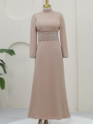 Açık Vizon Korse Kemerli Taşlı Saten Abiye Elbise