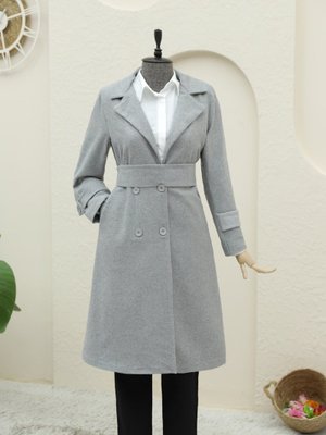 Gri Arkası Bolero Detaylı Kemerli Kaşe Kaban