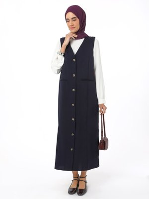 Lacivert Boydan Düğmeli Kolsuz Elbise