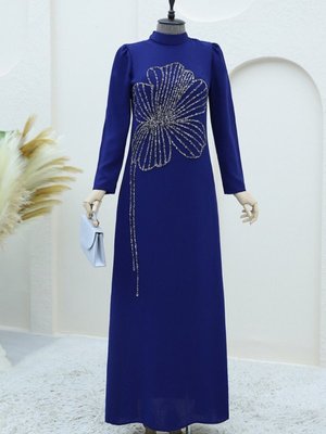 Lacivert Yonca Taş Desenli Dik Yaka Krep Abiye Elbise