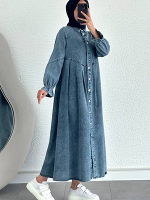 Mavi Önü Düğmeli Pile Detaylı Denim Kap Pardesü Mavi Önü Düğmeli Pile Detaylı Denim Kap Pardesü