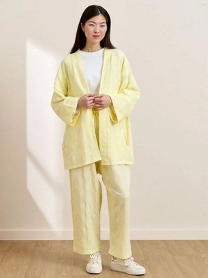 Sarı Fistolu Müslin Kısa Kimono & Pantolon Takım