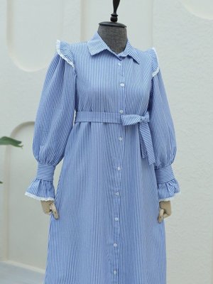 İndigo Önü Düğmeli Dantel Detaylı Kemerli Elbise