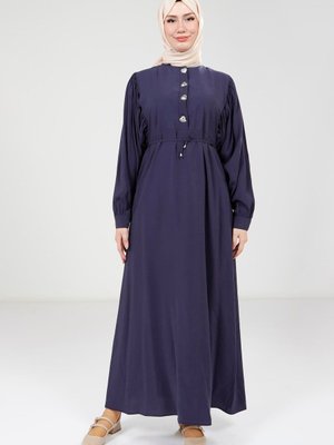 Lacivert Düğme Detaylı Modal Elbise