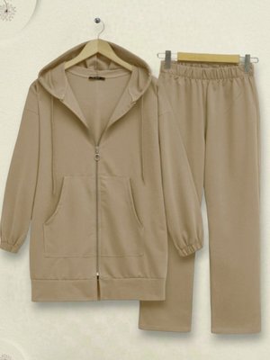 Açık Vizon Fermuarlı Kapüşonlu Penye İkili Takım