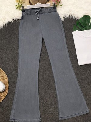 Açık Gri İspanyol Paça Bağcık Detaylı Kot Pantolon