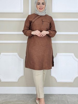 Kahverengi Aller Taş Detaylı Tunik
