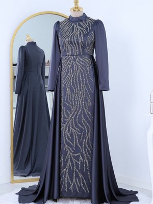 Antrasit Kuyruklu Boncuk İşlemeli Saten Abiye Elbise