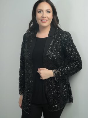 Siyah Pullu Tül Ceket Likralı Uzun Kol Bluz Büyük Beden 2'li Takım